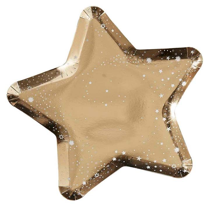 Goldene Glitzerstern-Pappteller 8x - 26 cm 