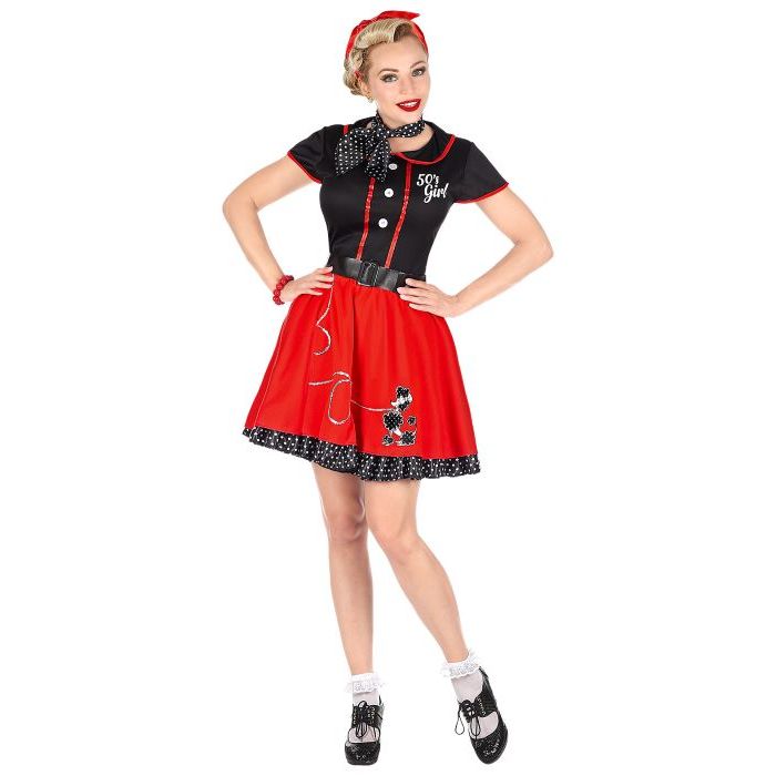 Schwarz und rotes 50er Jahre Kleid Kostüm mit Pudelmotiv - 4 Teile
