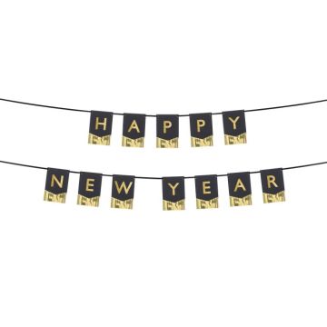 Schwarze Silvestergirlande mit goldener Schrift und Fransen - 135x16,5 cm