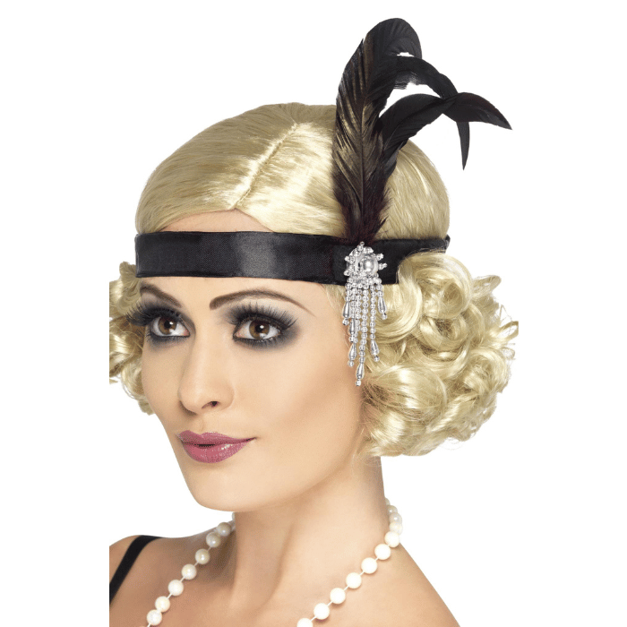 Schwarzes Satin-Haarband m. Federn