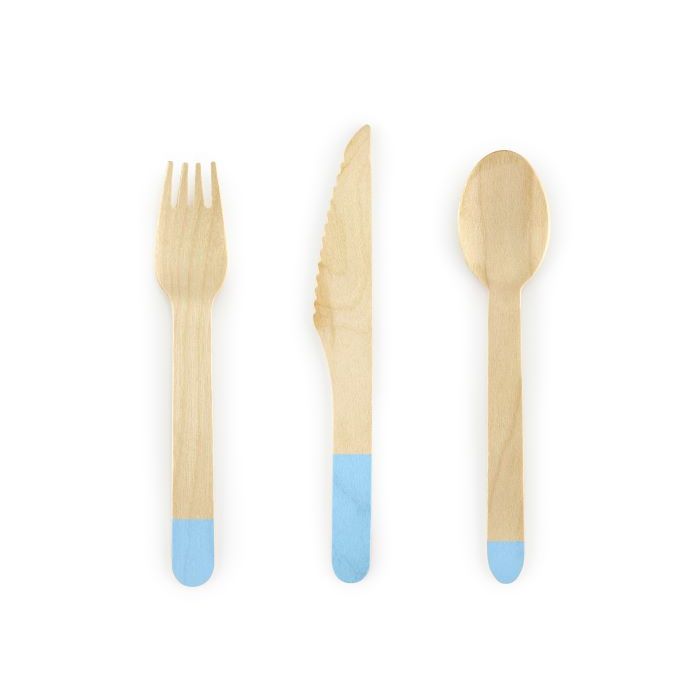 Holzbesteck mit hellblauen Enden 18 Teile - 16 cm
