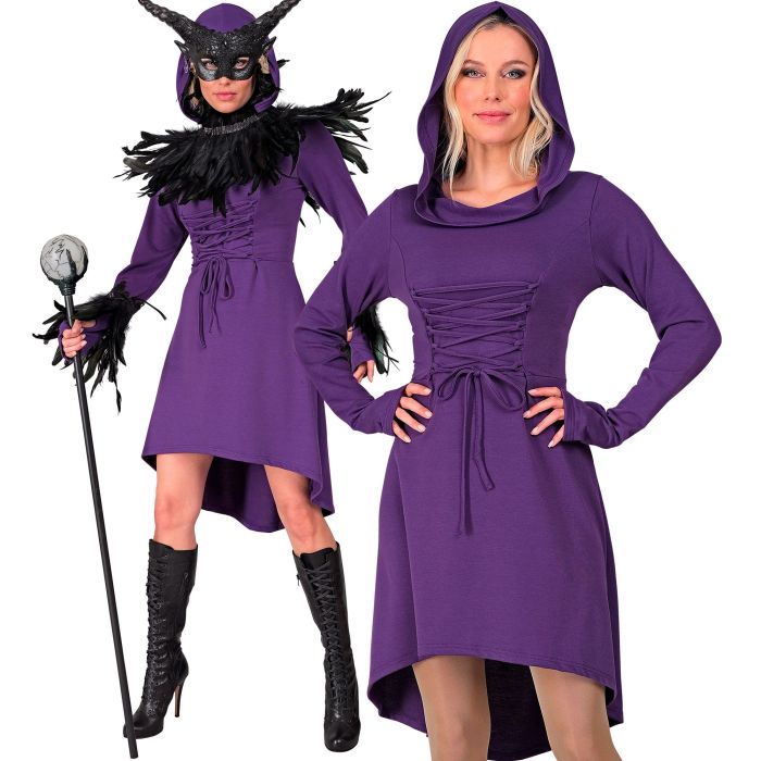 Lila gotische Hexenkleid mit Kapuze für Damen