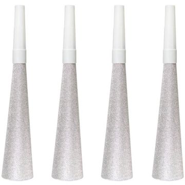 Silberne Glitzer-Partypfeifen 4x - 19 cm