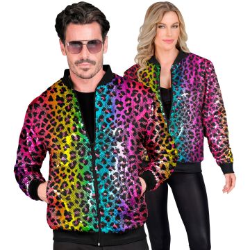 Pailletten-Bomberjacke mit Leopardenmuster in Regenbogen