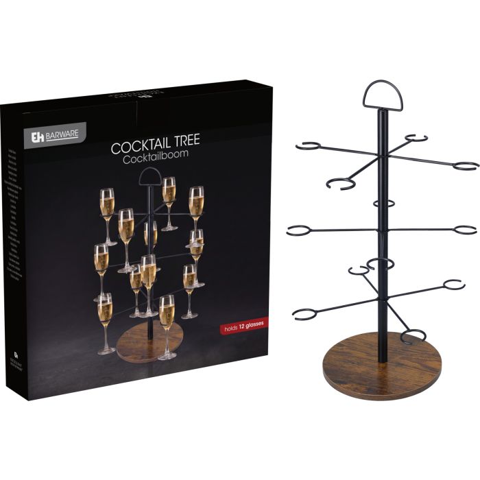 Cocktailbaum für 12 Gläser aus schwarzem Eisen mit Holzfuß