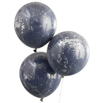 Dunkelblaue Ballons mit Silberkonfetti 3x - 45 cm