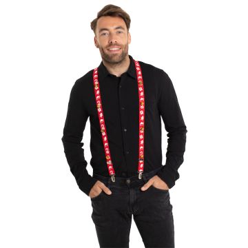 Rote Hosenträger mit Weihnachtsmotiven und Glöckchen - Einheitsgröße
