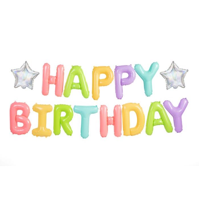 Mehrfarbige pastellfarbenen Happy Birthday Buchstaben Folienballons mit 2x silbernen Sternen - 395x35 cm