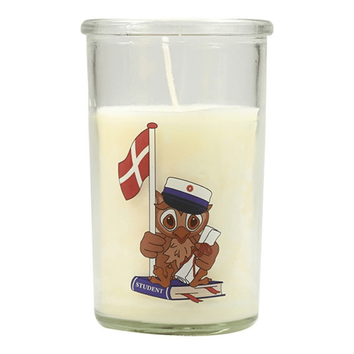Kerze im Glas mit Studentenmütze Eule Motiv blaue Student Das Alte Apotheke