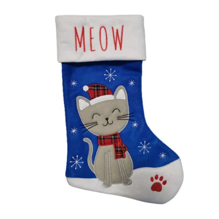 Weihnachtsstrumpf in blau mit Katzenmotiv - 40x26 cm 
