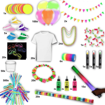 Großes UV Neon Festpaket inkl. Farbe, Leuchtstäbe, T-Shirts usw.