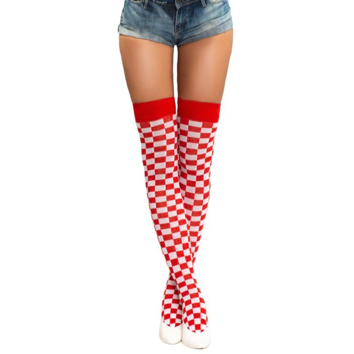 Überknie-Socken Einheitsgröße kariert rot und weiß