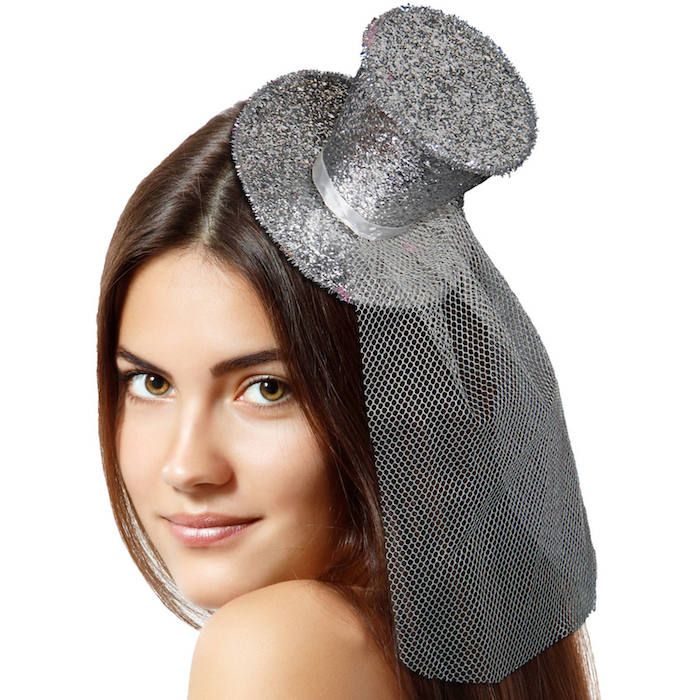 Silberne Mini-Glitzer-Zylinderhut mit Schleier