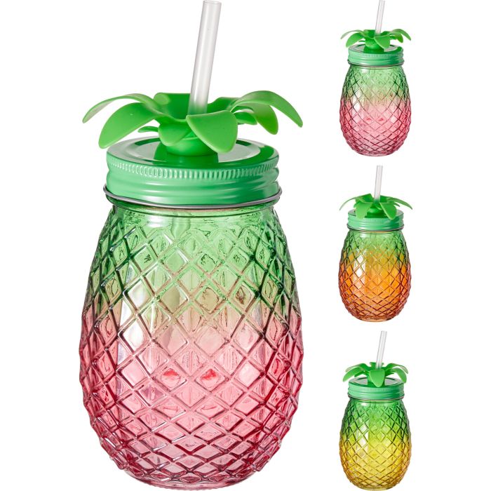 Trinkglas in Ananasform mit Deckel und Strohhalm, 400 ml
