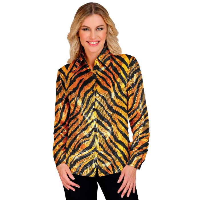 Tiger-Paillettenbluse für Damen in Orange
