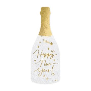 Champagnerflasche Servietten weiß mit Golddetails Silvester 20x - 7x19 cm