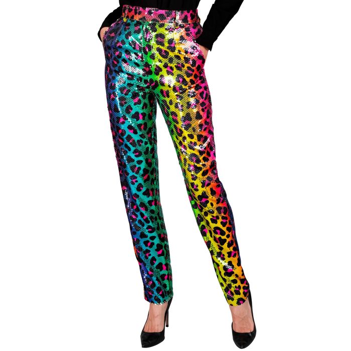 Pailletten-Hosen für Damen im Regenbogen-Leopardenmuster