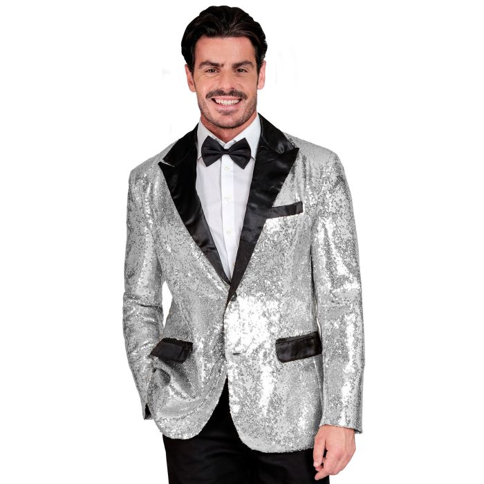 Paillettenjake mit Satindetails in Silber