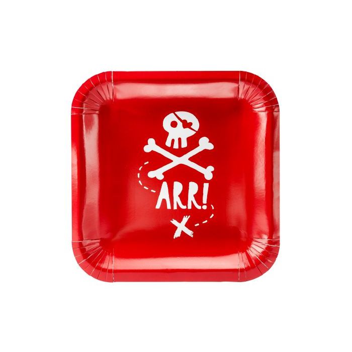 Rote Pappgeschirr mit weißem Piratenmotiv 6x - 20x20 cm