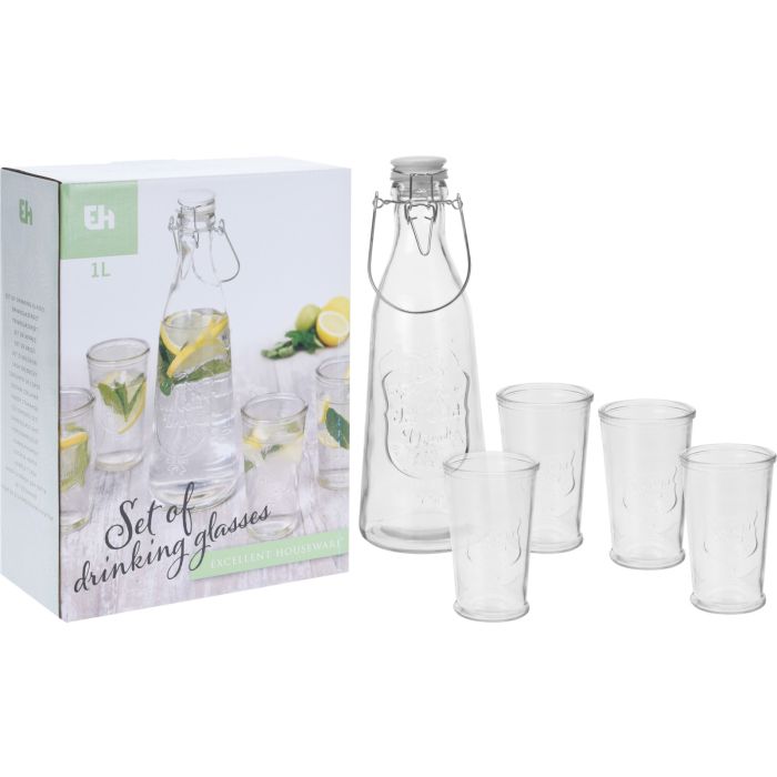 Trinkset aus Glas mit Flasche und 4 Gläsern, 1 Liter