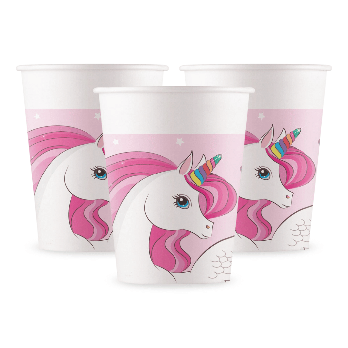 Rosa Einhorn Pappbecher 8x - 200 ml