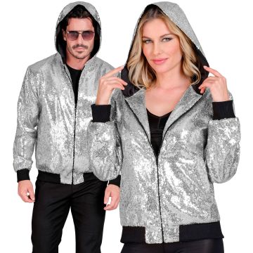 Pailletten-Bomberjacke mit Kapuze in Silber