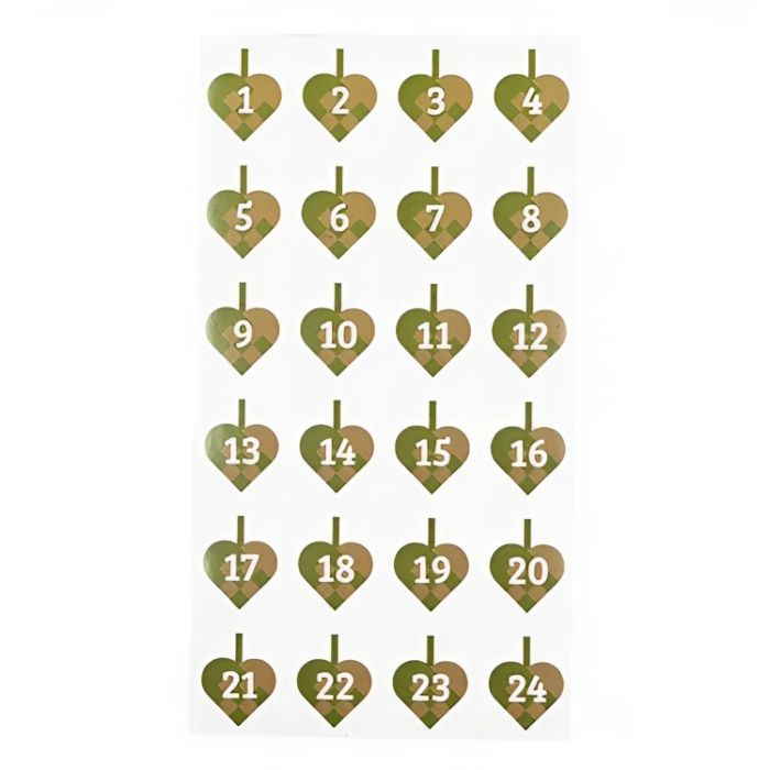 Aufkleber für den Adventskalender mit Zahlen und geflochtenen Weihnachtsherzen grün 24x Die alte Apotheke