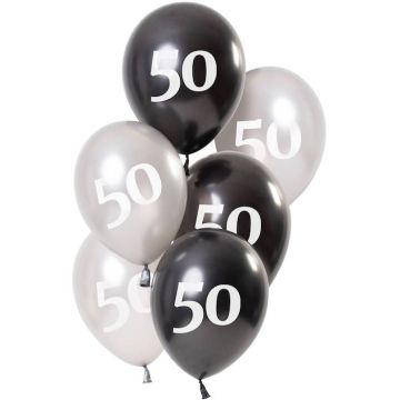 50 Jahre Ballons, metallic schwarz und silber 6x - 23 cm