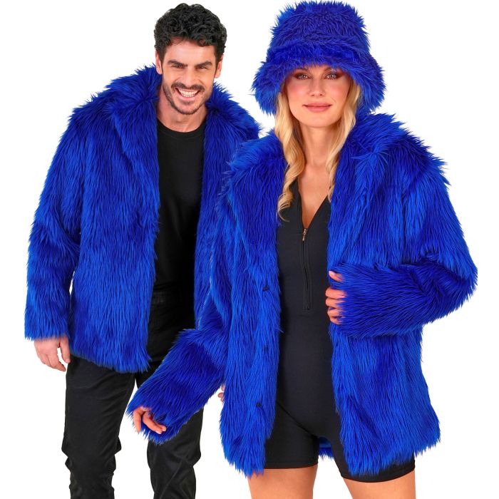 Blaue Pelzjacke mit voluminösem Disco-Design