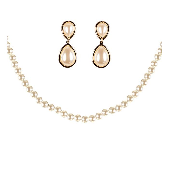 50er Schmuckset mit weißer Perlenkette und Perlenohrringen