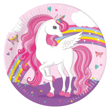 Pinke Einhorn-Pappteller 8x - 23 cm