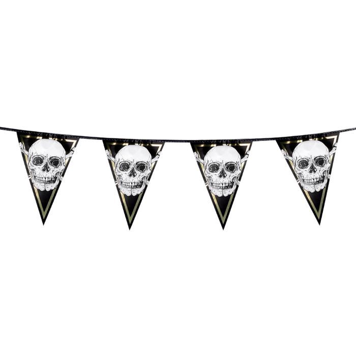 Totenkopf-Flaggen-Girlande mit goldener Kante - 4 m