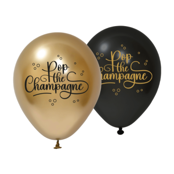 Gold und schwarze Ballons 8x Pop the Champagne - 30 cm