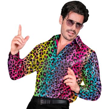 Regenbogenfarbiges Paillettenhemd mit Leopardenmuster für Herren