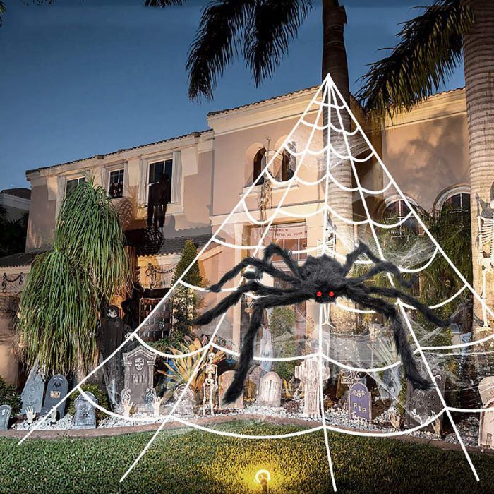 Weißes Spinnennetz mit großer schwarzer Spinne - 5x4,8 m