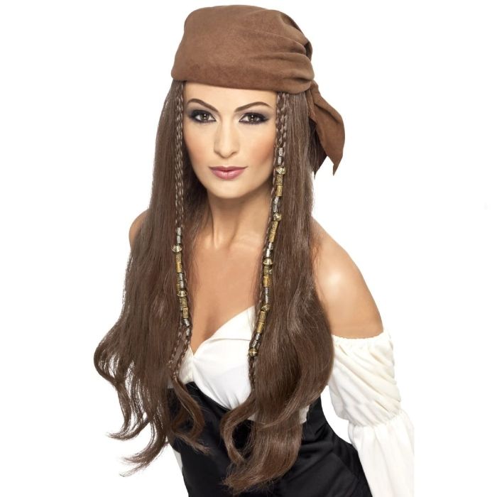 Braune Piratenperücke mit Bandana und Perlen - Einheitsgröße