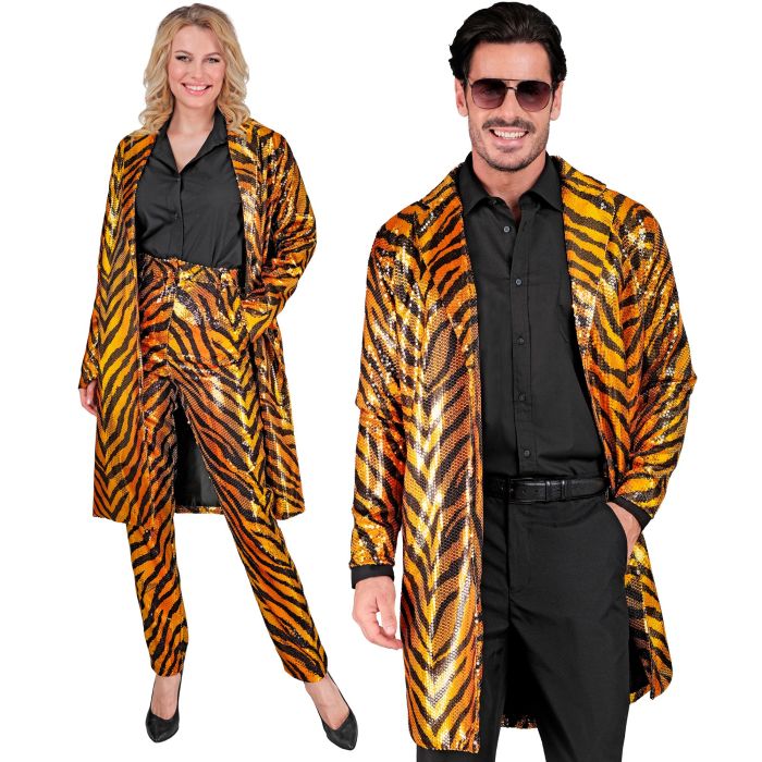 Orangener Paillettenmantel mit Tiger-Muster