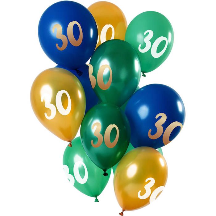 30 Jahre Ballons Grün, Blau und Gold 12x - 33 cm