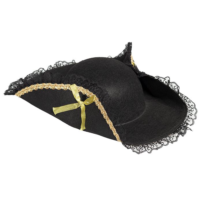 Piratenhut mit Goldkante, Spitzen und Schleifen