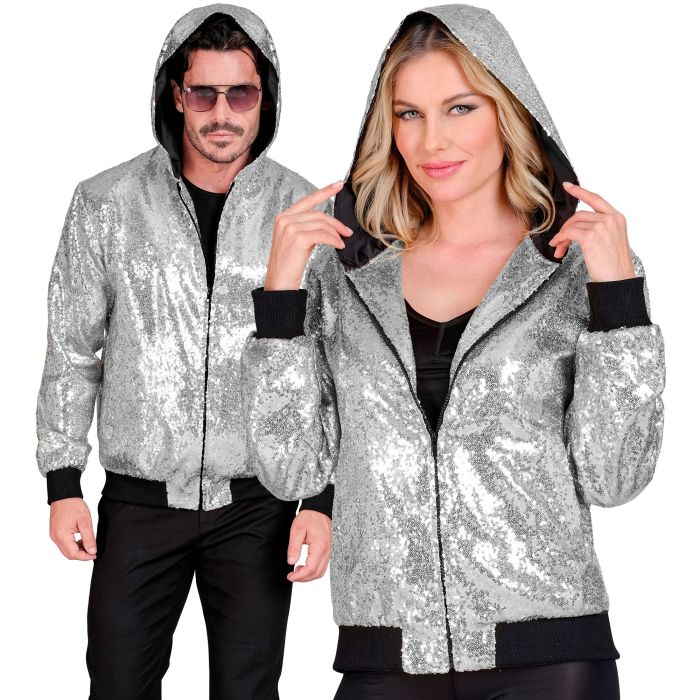 Pailletten-Bomberjacke mit Kapuze in Silber