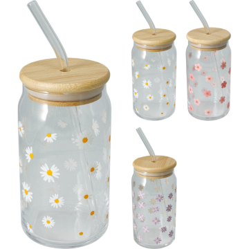 Trinkglas mit Bambusdeckel und Strohhalm 500ml assortiert
