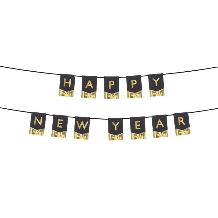 Schwarze Silvestergirlande mit goldener Schrift und Fransen - 135x16,5 cm