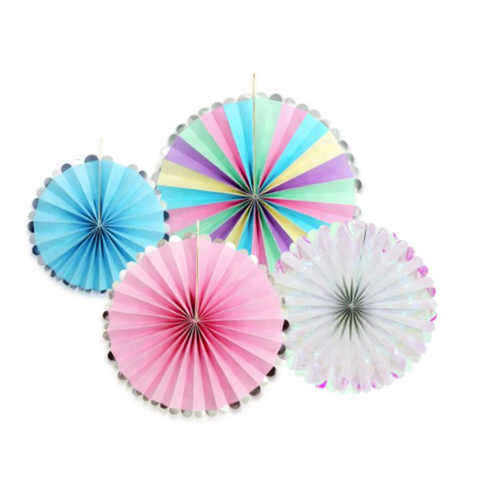 Rosetten in Pastell Hellblau, Rosa, Multicolor und Glitter 4x 