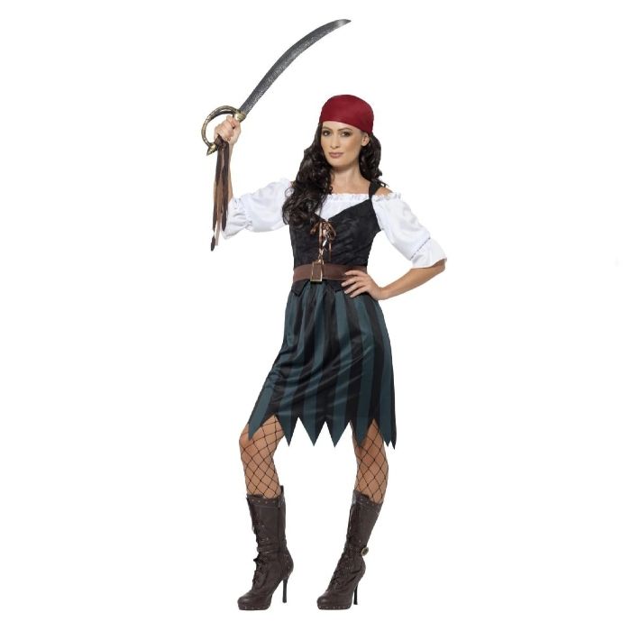Damenpiratkostüm mit schwarzem Kleid und weißen Ärmeln 