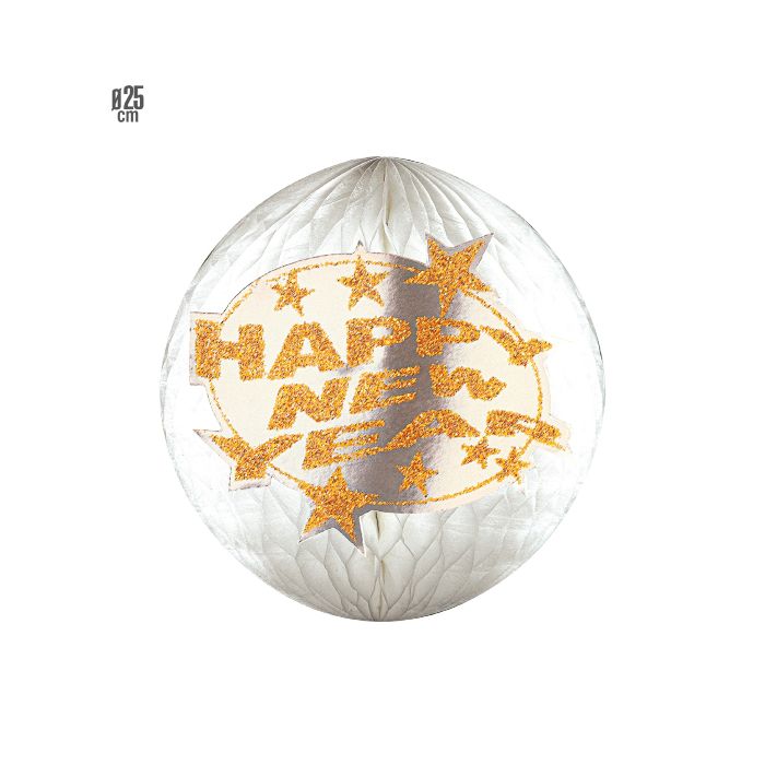 Honeycomb Papierkugel Glitzer Silber mit Gold Frohes Neues Jahr 25 cm 