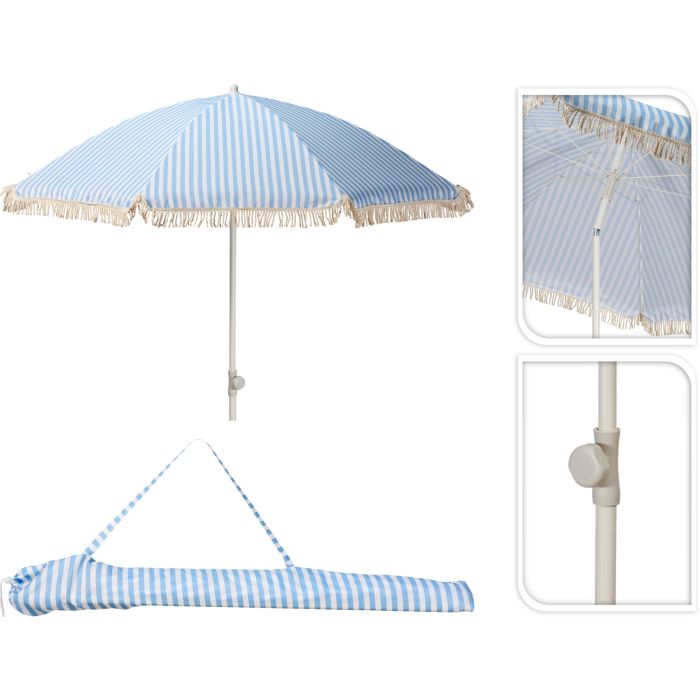 Sonnenschirm mit Fransen, blau und weiß gestreift, Ø 180 cm