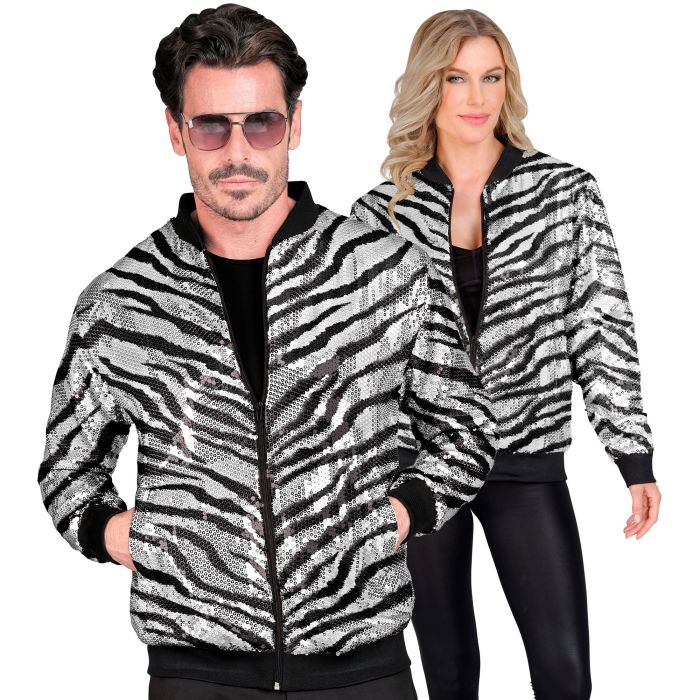 Pailletbomberjacke mit Zebraprint in Silber