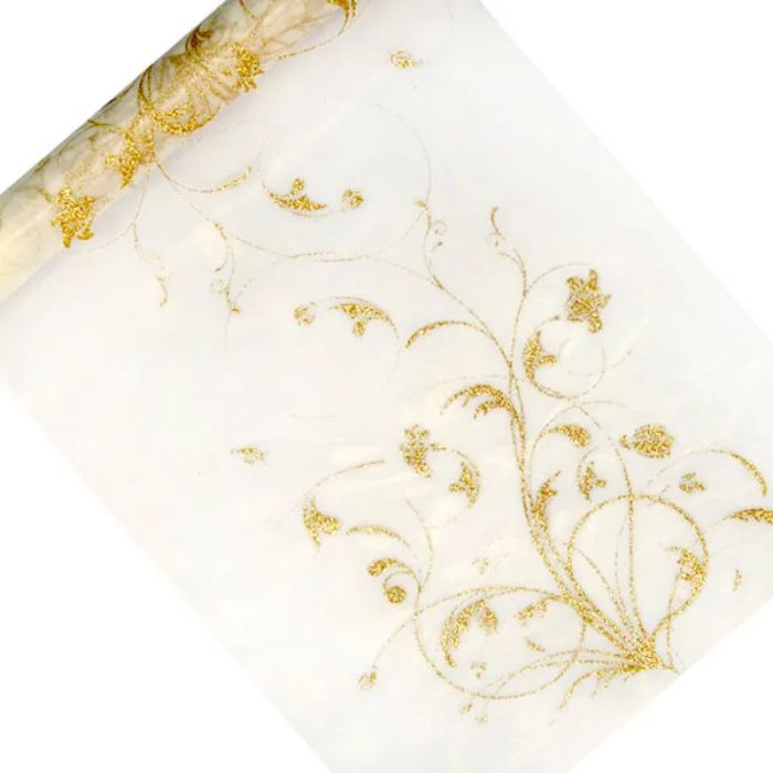 Organza Tischläufer in cremefarbener Ausführung mit Goldmuster 0,36x9 m