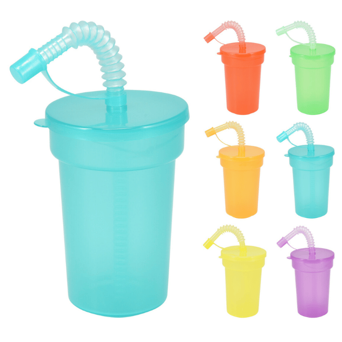 Mehrfarbige Plastikbecher m. Deckel und Strohhalm 6x - 380 ml