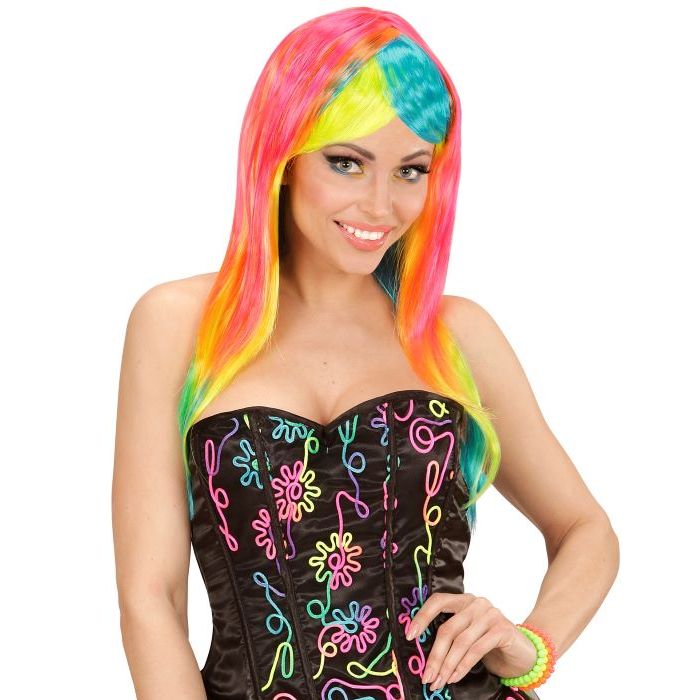 Regenbogenfarbige Neonperücke mit Pony